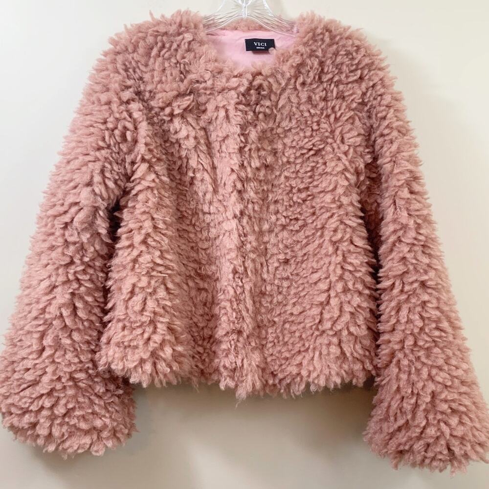 Vici Faux Fur Shag Mauve Pink Crop Bell Sleeve Jacket - Picture 5 of 6